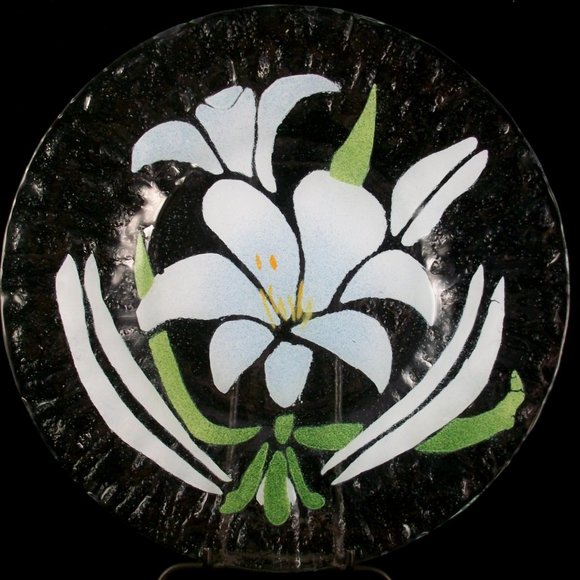 Fused Art Glass Light Blue Lily Flowers Plate Unsigned 8.5" - Picture 6 of 7